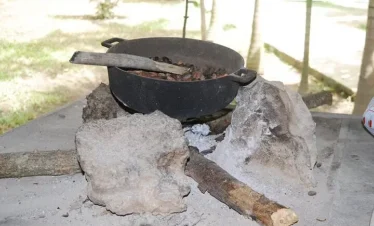 A black pot with handles sits on a rustic outdoor stove made of three large stones and wooden logs—reminiscent of traditional cooking you might enjoy on Punta Cana tours. Ash scatters the concrete surface, with grass visible in the background.