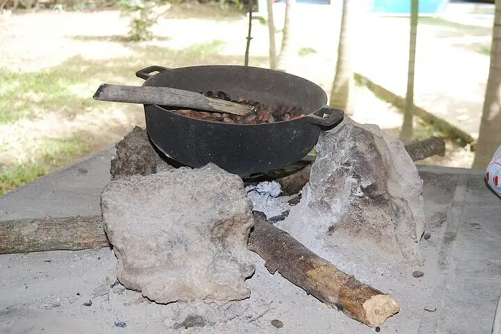 A black pot with handles sits on a rustic outdoor stove made of three large stones and wooden logs—reminiscent of traditional cooking you might enjoy on Punta Cana tours. Ash scatters the concrete surface, with grass visible in the background.