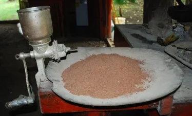 A metal hand-crank grinder is mounted on a table beside a flat, round stone plate holding a pile of finely ground brown flour—much like the sights you might find during authentic tours in Punta Cana, with rustic furniture and greenery outside.
