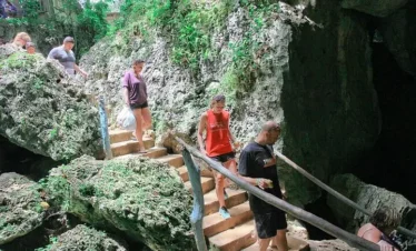A group of people walk down narrow stone steps with a wooden handrail, descending into a rocky, green moss-covered cave. Sunlight filters through trees above—an unforgettable scene from tours in Punta Cana, surrounded by lush tropical vegetation.
