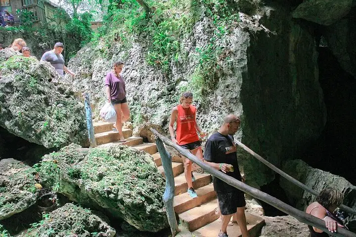 A group of people walk down narrow stone steps with a wooden handrail, descending into a rocky, green moss-covered cave. Sunlight filters through trees above—an unforgettable scene from tours in Punta Cana, surrounded by lush tropical vegetation.