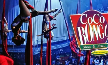 Four aerial silk performers in colorful outfits hang upside down in dramatic poses above a crowded club audience. Bright spotlights highlight the entertainers—a must-see on tours in Punta Cana. A large red and yellow “CoCo Bongo Show & Disco” sign is on the right.