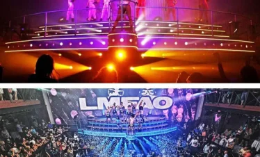 Top: A band performs on a brightly lit stage with orange and purple lights and backup dancers. Bottom: A crowded nightclub, like those seen on punta cana excursions, with confetti, bubbles flying, people cheering, and a stage under the sign "LMFAO.