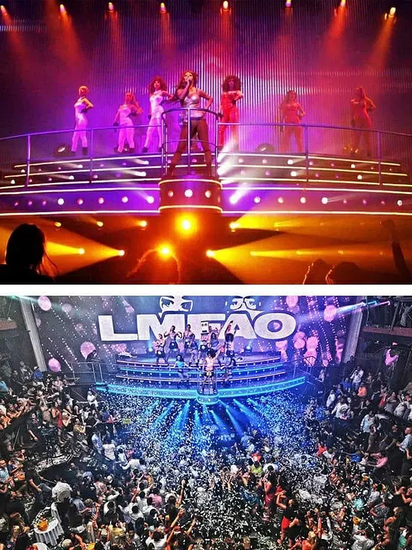 Top: A band performs on a brightly lit stage with orange and purple lights and backup dancers. Bottom: A crowded nightclub, like those seen on punta cana excursions, with confetti, bubbles flying, people cheering, and a stage under the sign "LMFAO.