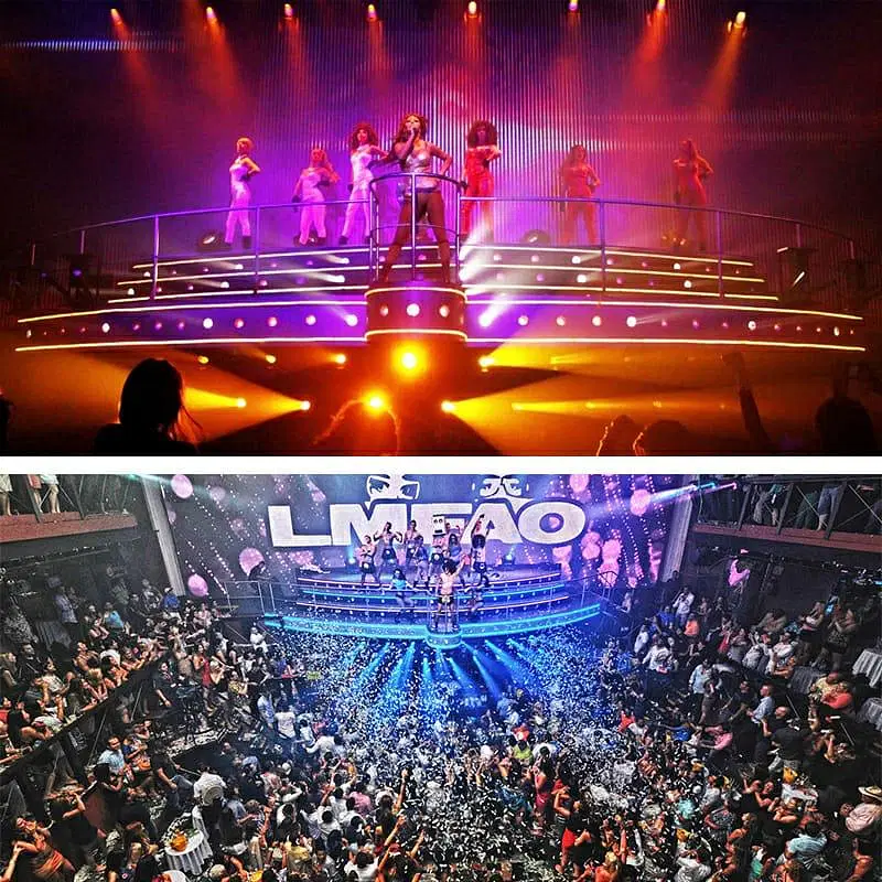 Top: A band performs on a brightly lit stage with orange and purple lights and backup dancers. Bottom: A crowded nightclub, like those seen on punta cana excursions, with confetti, bubbles flying, people cheering, and a stage under the sign "LMFAO.