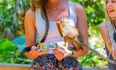 A smiling woman in a white tank top and patterned shorts holds a tray with food as two small monkeys eat from it, one perched on her shoulder. Lush green foliage fills the background—a fun moment during tours in Punta Cana.