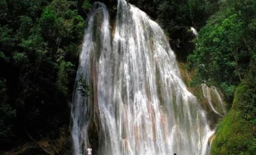 A wide, powerful waterfall cascades down a lush green cliff into a pool below. Four people stand near the water’s edge, some wading in—an ideal scene to discover on Punta Cana excursions amid dense forest and vibrant greenery under natural daylight.