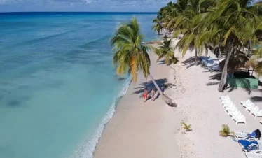 Aerial view of a tropical beach with turquoise water, white sand, and lush palm trees. Three people stroll along the shore near empty lounge chairs—perfect for relaxing after tours Punta Cana or enjoying the best transfers in comfort.