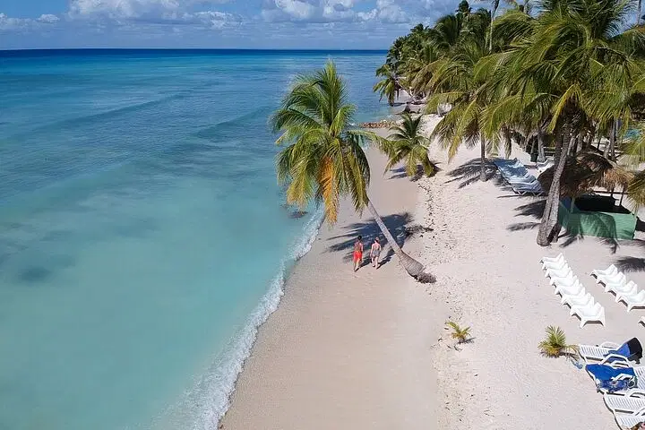 Aerial view of a tropical beach with turquoise water, white sand, and lush palm trees. Three people stroll along the shore near empty lounge chairs—perfect for relaxing after tours Punta Cana or enjoying the best transfers in comfort.