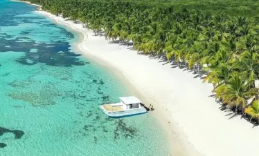 A small boat sits on clear turquoise water at the edge of a white sandy beach in Punta Cana, perfect for tours en punta cana. The shoreline curves gently past lush green palm trees, with coral patches in the sea and dense forest beyond.