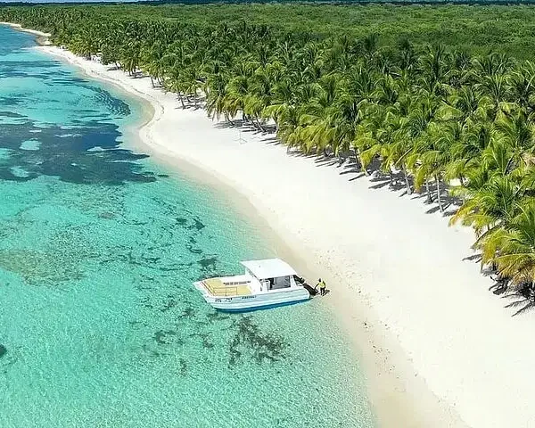 A small boat sits on clear turquoise water at the edge of a white sandy beach in Punta Cana, perfect for tours en punta cana. The shoreline curves gently past lush green palm trees, with coral patches in the sea and dense forest beyond.