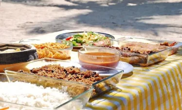 A picnic table with a yellow checkered tablecloth is set outdoors, displaying dishes of rice, pasta, salad, stew, and meat. Sunlight casts shadows across the table, creating a bright atmosphere perfect for enjoying between the best tours Punta Cana offers.
