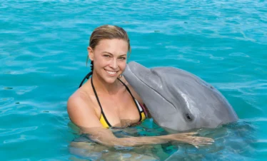 A smiling woman in a bikini top stands in clear blue water during one of the popular Punta Cana excursions, hugging a dolphin. The dolphin presses its snout affectionately to her cheek as they enjoy the sparkling turquoise sea together.