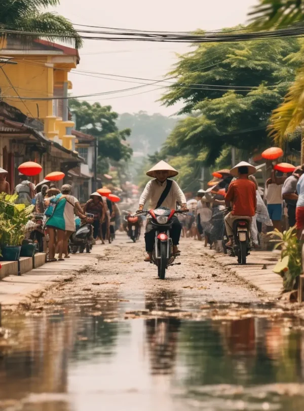A bustling street scene in a Southeast Asian town shows people walking and riding motorbikes past market stalls. Red lanterns hang overhead. Like the vibrant energy of Punta Cana tours, the lively atmosphere is colorful amid palm trees and wet streets.