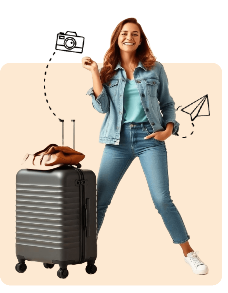 A smiling woman in a denim jacket, turquoise top, and jeans stands with one hand in her pocket and the other on a gray suitcase—ready for the best tours. A brown bag rests atop the suitcase. She poses before an orange background with a paper plane illustration.