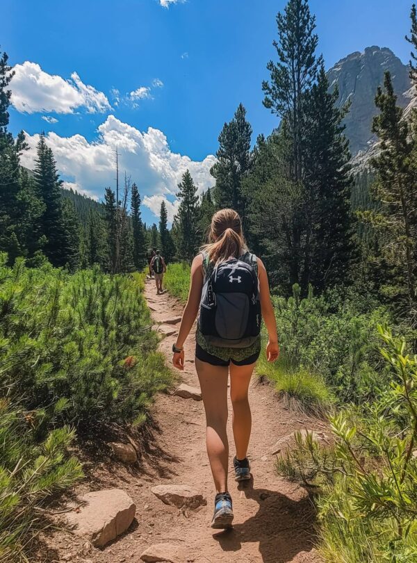 A woman with a ponytail, wearing a black Under Armour backpack, shorts, and sneakers, hikes a dirt trail through a lush forest. Tall pines surround her as a mountain rises in the sunny sky—just like adventures on Punta Cana tours.