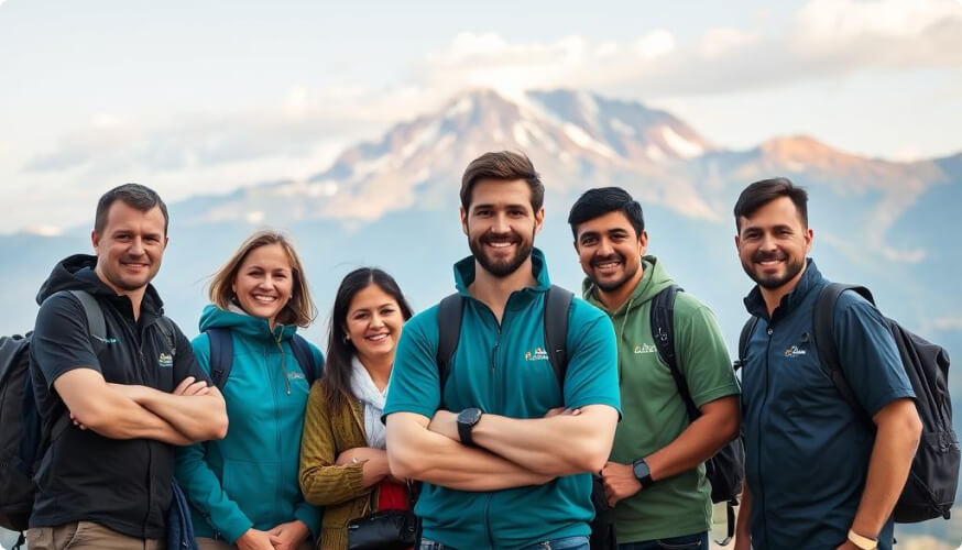 Six smiling adults, three men and three women, stand outdoors in casual clothing with backpacks. A snow-capped mountain rises behind them under a partly cloudy sky. The group looks happy and ready for the best tours or outdoor adventure experiences.