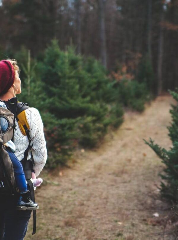 A woman in a red beanie and cream sweater carries a small child in a backpack carrier along a pine-lined forest path. Their cozy stroll echoes the comfort and ease of the best transfers you can enjoy on your next adventure.