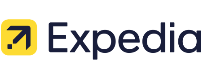 The image shows the Expedia logo: a yellow square with a dark blue arrow pointing diagonally upward-right, next to "Expedia" in bold dark blue letters—perfect for booking Punta Cana tours or arranging Punta Cana transfers on a transparent background.