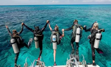 Five scuba divers in wetsuits and tanks hold hands while stepping off a boat into clear, turquoise water—an unforgettable moment on one of the top Punta Cana excursions. They jump together, facing the vast, calm ocean on their Punta Cana trip.