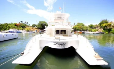 A large white catamaran named "Liquid" is docked on calm water, perfect for Punta Cana tours. The yacht features a spacious deck and two hulls, with trees, buildings, and several boats in the background under a clear, sunny sky.