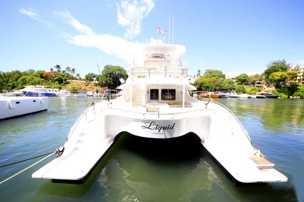 A large white catamaran named "Liquid" is docked on calm water, perfect for Punta Cana tours. The yacht features a spacious deck and two hulls, with trees, buildings, and several boats in the background under a clear, sunny sky.
