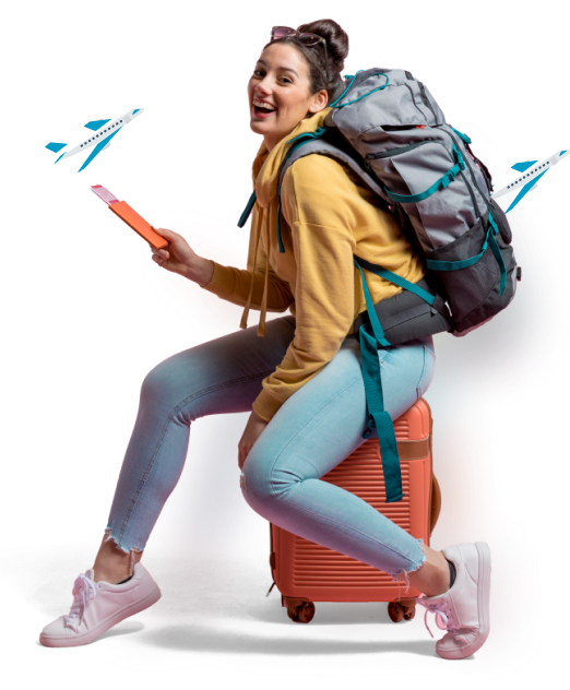 A young woman wearing a yellow hoodie, jeans, and white sneakers sits on a coral-colored suitcase. She holds a passport, ready for adventure—cartoon airplane graphics behind her hint she’s set to join the best tours Punta Cana has to offer.