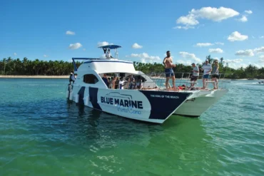 A white and blue catamaran labeled "BLUE MARINE Punta Cana" floats on clear turquoise water. Guests enjoy sunny weather on deck during one of the best tours in Punta Cana, with palm trees and a sandy beach under a vivid blue sky.