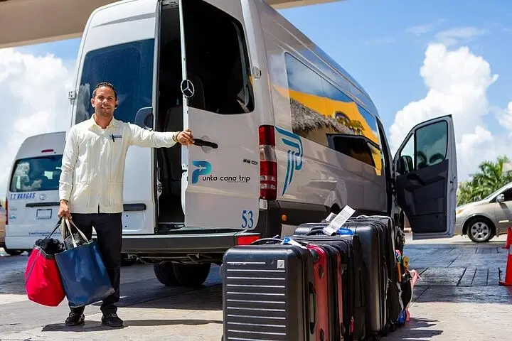 A smiling man stands beside an open van door labeled “Punta Cana Trip,” holding two bags. Suitcases line the pavement, ready for exciting tours in Punta Cana under the sunny blue sky, with another vehicle in the background.