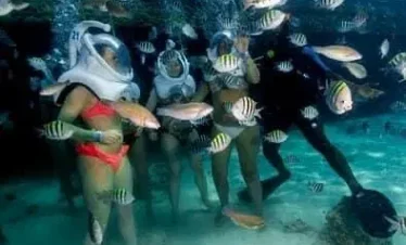 Four people in swimsuits and large clear helmets stand underwater among colorful fish during one of the unique Punta Cana excursions. A scuba diver kneels nearby, tending to their equipment as bubbles rise on the sandy sea floor.