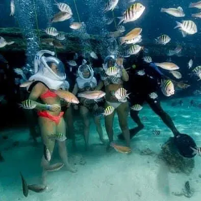 Four people in swimsuits and large clear helmets stand underwater among colorful fish during one of the unique Punta Cana excursions. A scuba diver kneels nearby, tending to their equipment as bubbles rise on the sandy sea floor.