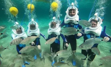 Five people in blue wetsuits and white diving helmets stand underwater during one of the exciting tours in Punta Cana, surrounded by swimming fish. They hold hands as air bubbles rise, with yellow buoys and blue hoses overhead connecting to their helmets.