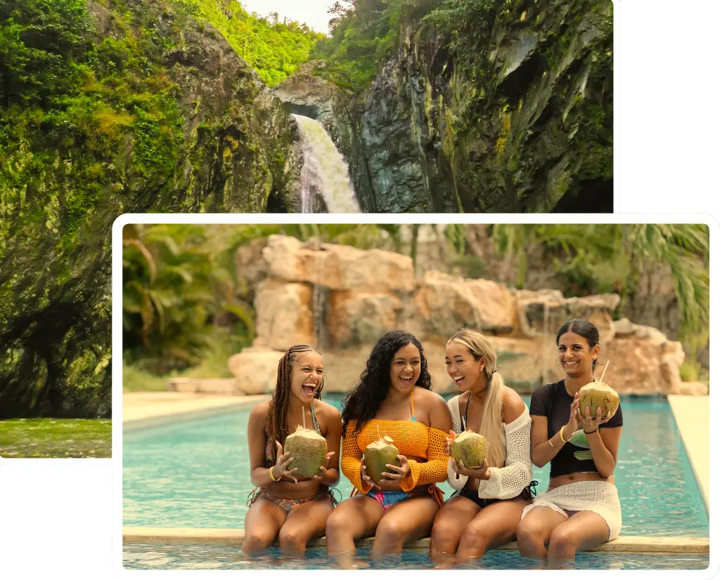 A group of four women sit on the edge of a pool in Punta Cana, laughing and holding coconuts. Behind them is a lush tropical setting with stone structures. Another image highlights a scenic waterfall flowing through rocky, green cliffs.