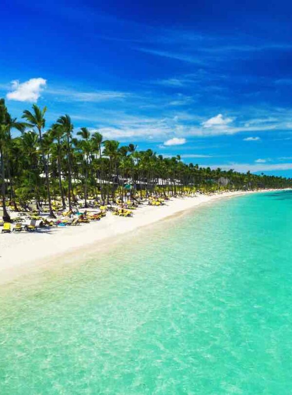 A tropical beach with clear turquoise water, white sand, and rows of palm trees. Yellow lounge chairs and umbrellas line the shore, with people relaxing. The sky is bright blue with a few scattered clouds, creating a vibrant, sunny scene.