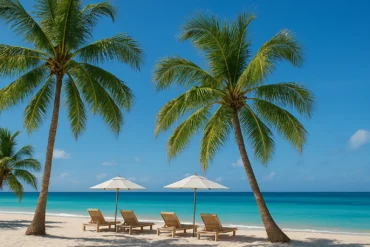 Two tall palm trees frame four wooden lounge chairs with white umbrellas on a sandy beach. The turquoise ocean and sky highlight tranquility—perfect for relaxing after enjoying the best tours in Punta Cana or discovering new things to do in Punta Cana.