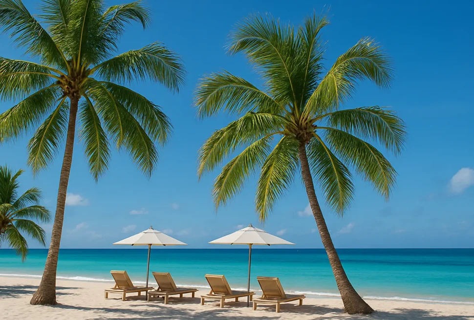 Two tall palm trees frame four wooden lounge chairs with white umbrellas on a sandy beach. The turquoise ocean and sky highlight tranquility—perfect for relaxing after enjoying the best tours in Punta Cana or discovering new things to do in Punta Cana.