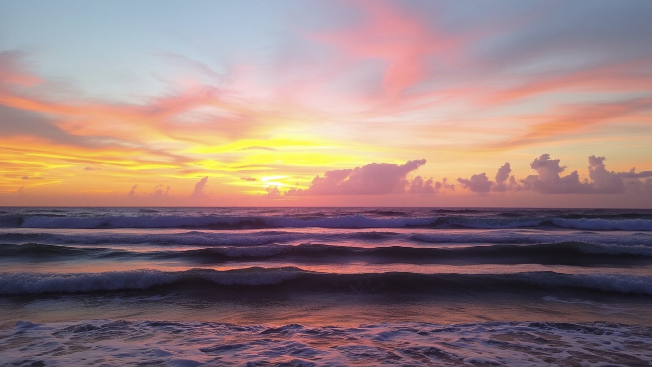 A vivid sunset over the ocean, with colorful clouds in shades of pink, orange, and yellow reflecting on gentle waves. The sea appears calm, and the horizon is visible, creating a peaceful and serene atmosphere.