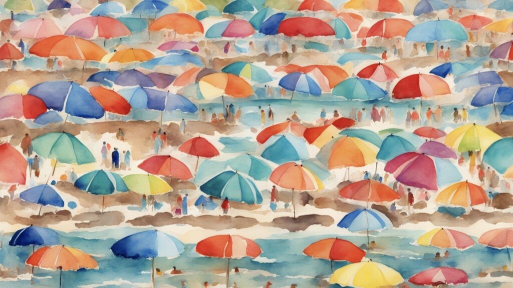 A vibrant watercolor painting shows a crowded beach with many colorful umbrellas and small, indistinct figures of people relaxing on the sand and enjoying the water. The umbrellas are in shades of red, blue, yellow, orange, and green, creating a lively, summery scene.